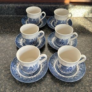 Wessex Blue Willow. Set of 6 tea cup and saucers